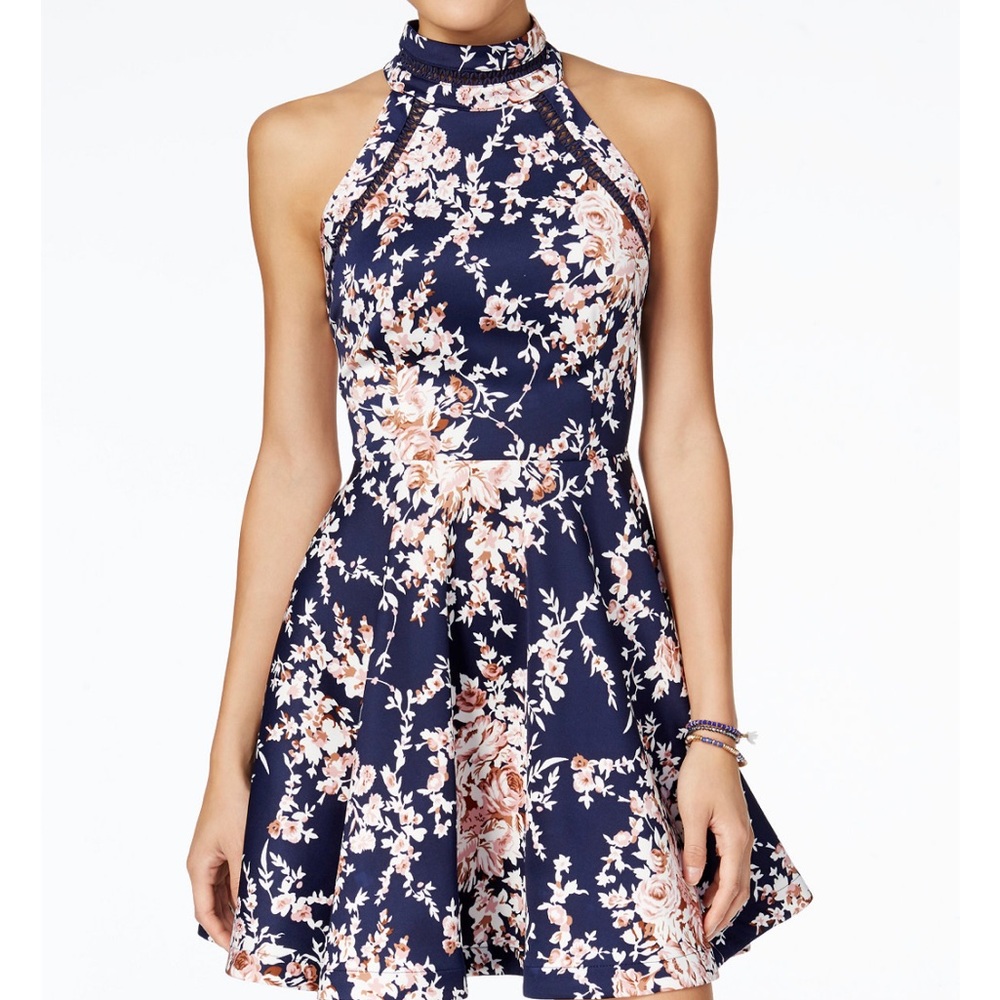 Printed Mock-Neck Crochet Trim Fit & Flare Dress
